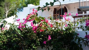 Ein weißes Gebäude mit Balkon und Garten mit rosa Blumen.