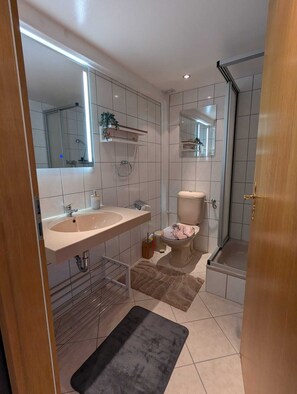 Een douche, een haardroger, zeep, toiletpapier