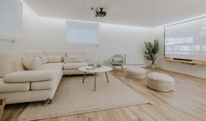 Smart-tv, eldstad, böcker och en stereo