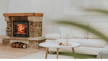 Smart TV, fireplace, books, stereo