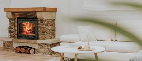 Smart TV, fireplace, books, stereo