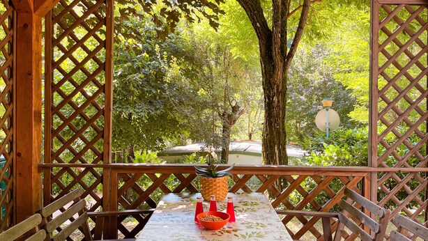 Eine hölzerne Pergola mit Tisch und Bänken, umgeben von üppigem Grün und Bäumen.