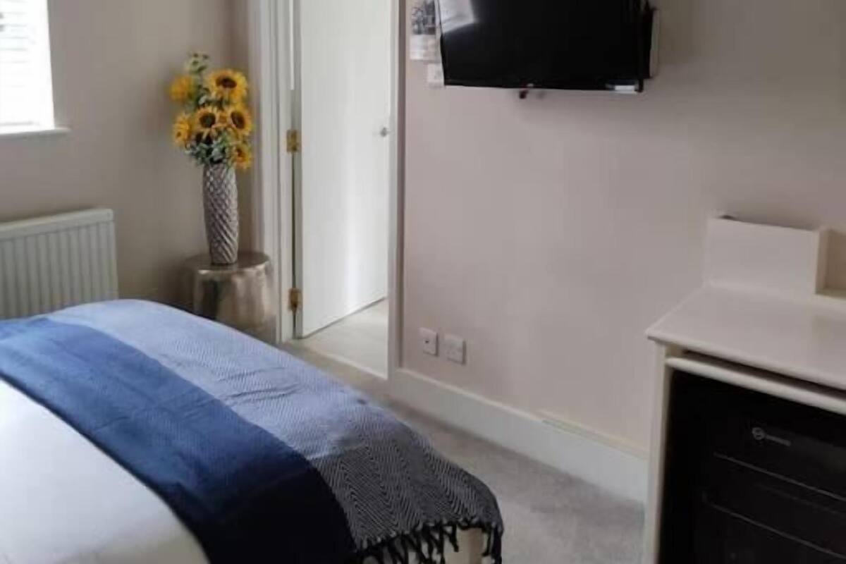 Un dormitorio con cama, televisor montado en la pared, radiador y una mesita con un jarrón de girasoles.