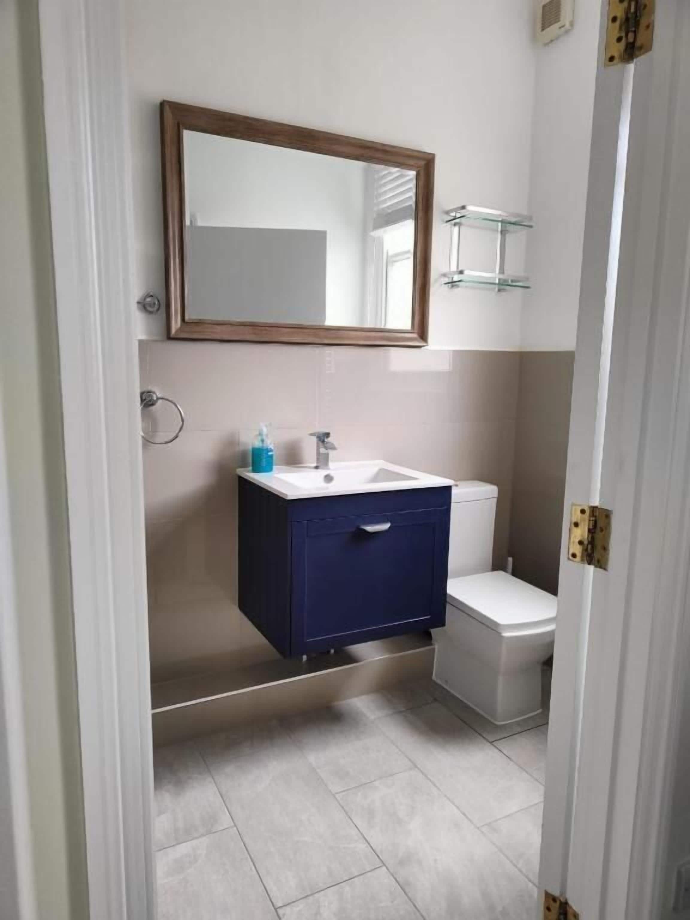 A bathroom with a white sink, a blue cabinet, a white toilet, and a mirror on the wall.
