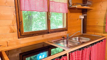 Fridge, microwave, stovetop, cookware/dishes/utensils