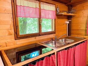 Fridge, microwave, stovetop, cookware/dishes/utensils