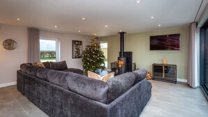 Un salon moderne avec un grand canapé gris, un sapin de Noël, une cheminée et une grande fenêtre.