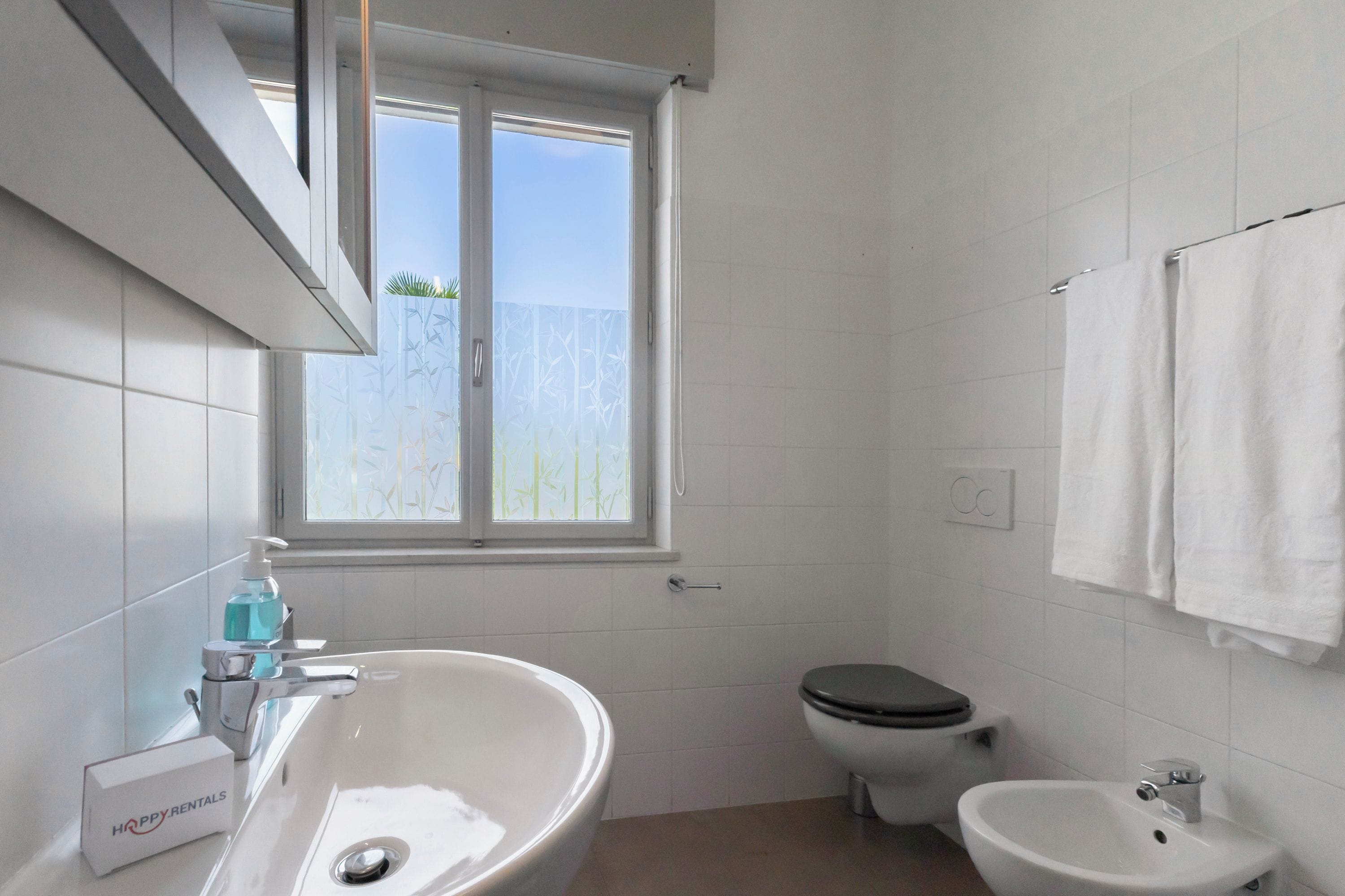 A bathroom with a large sink, toilet, bidet, and a window with a view of greenery.
