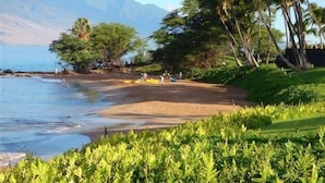 A beach with clear waters, palm trees, and mountains in the background. - Grand Champions #86 Gorgeous Views On Golf Course, Near Popular Beaches (Wailea)
