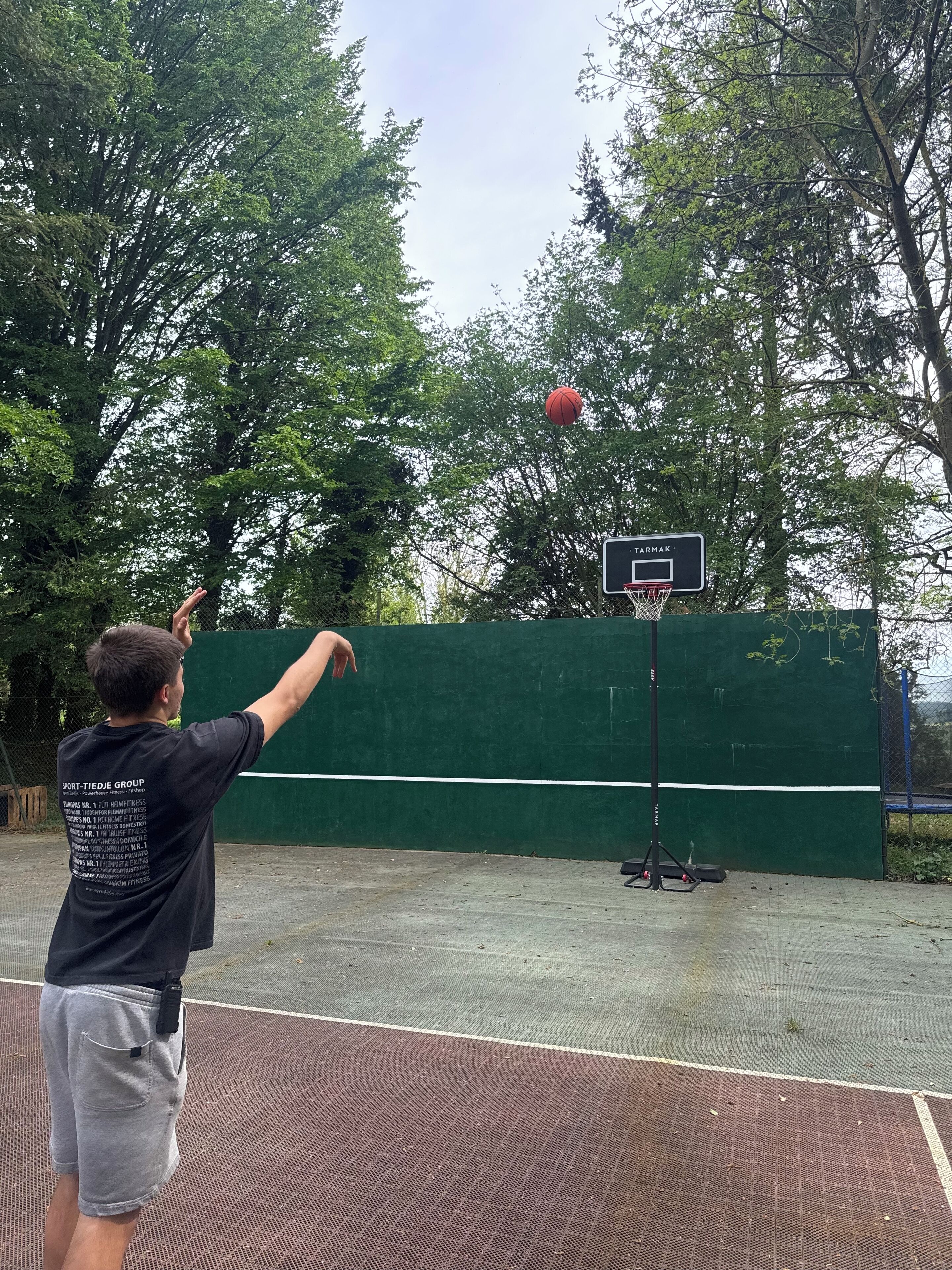 Een basketbalveld met een ring en net, omgeven door bomen.