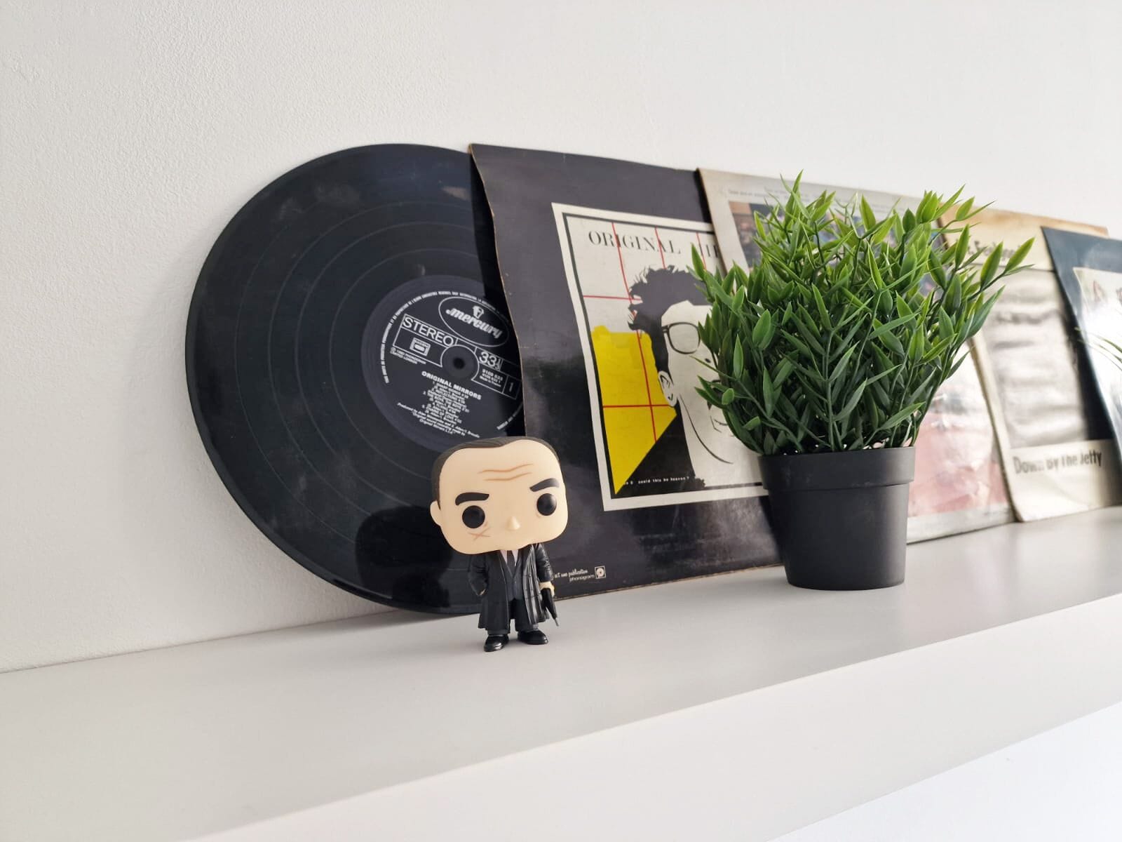 A vinyl record, a small figurine, and a potted plant on a shelf.
