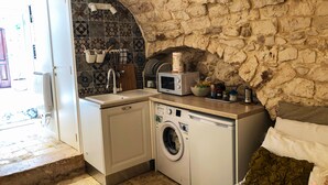 Una cocina compacta con pared de piedra, lavadora, microondas y un lavamanos.
