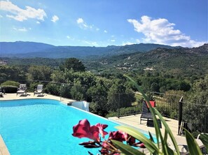 Ein Schwimmbecken mit Blick auf eine gebirgige Landschaft.
