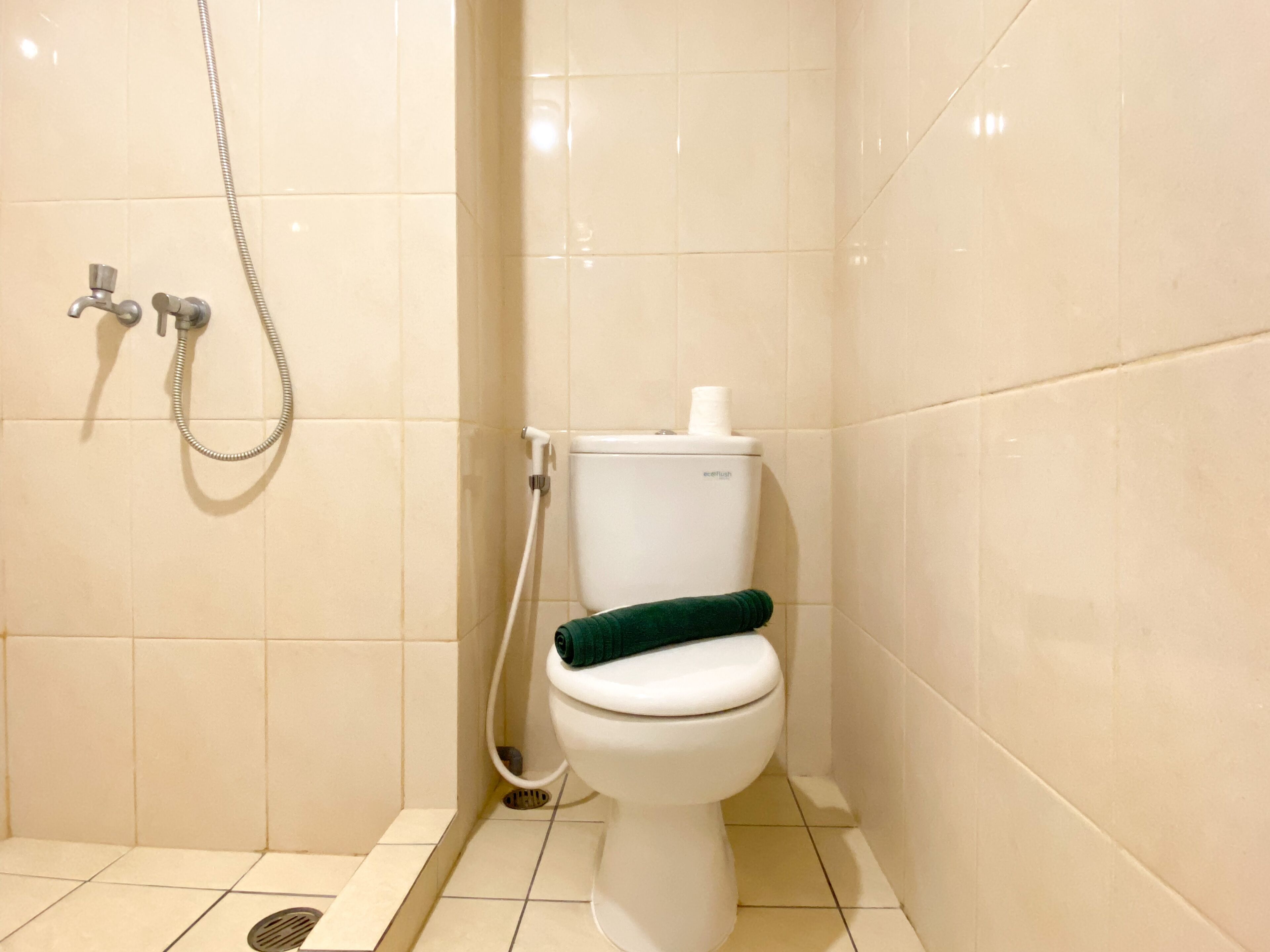 A small, modern bathroom with a toilet, a shower, and a toilet paper holder.