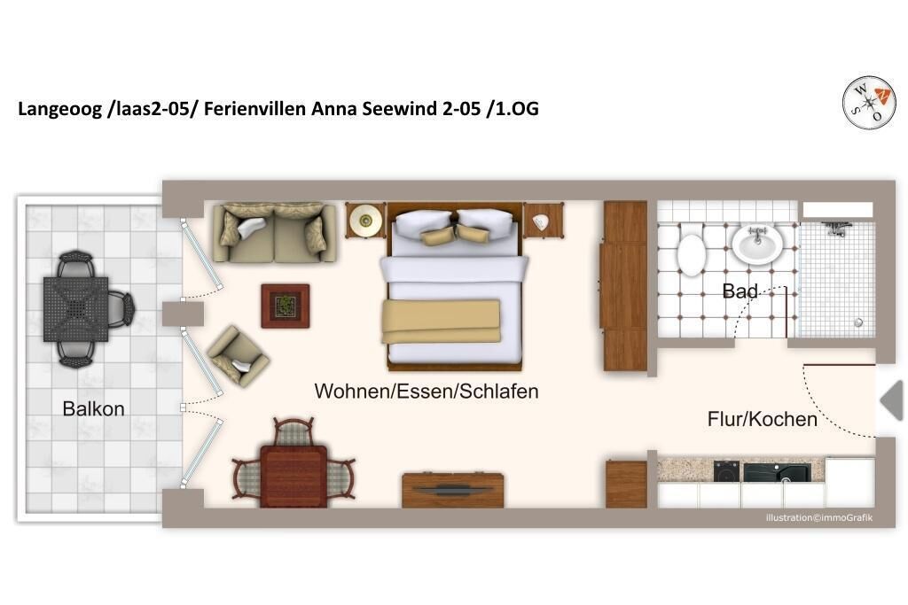 A hotel room layout with a balcony, a living area with a bed, a bathroom, and a kitchen.
