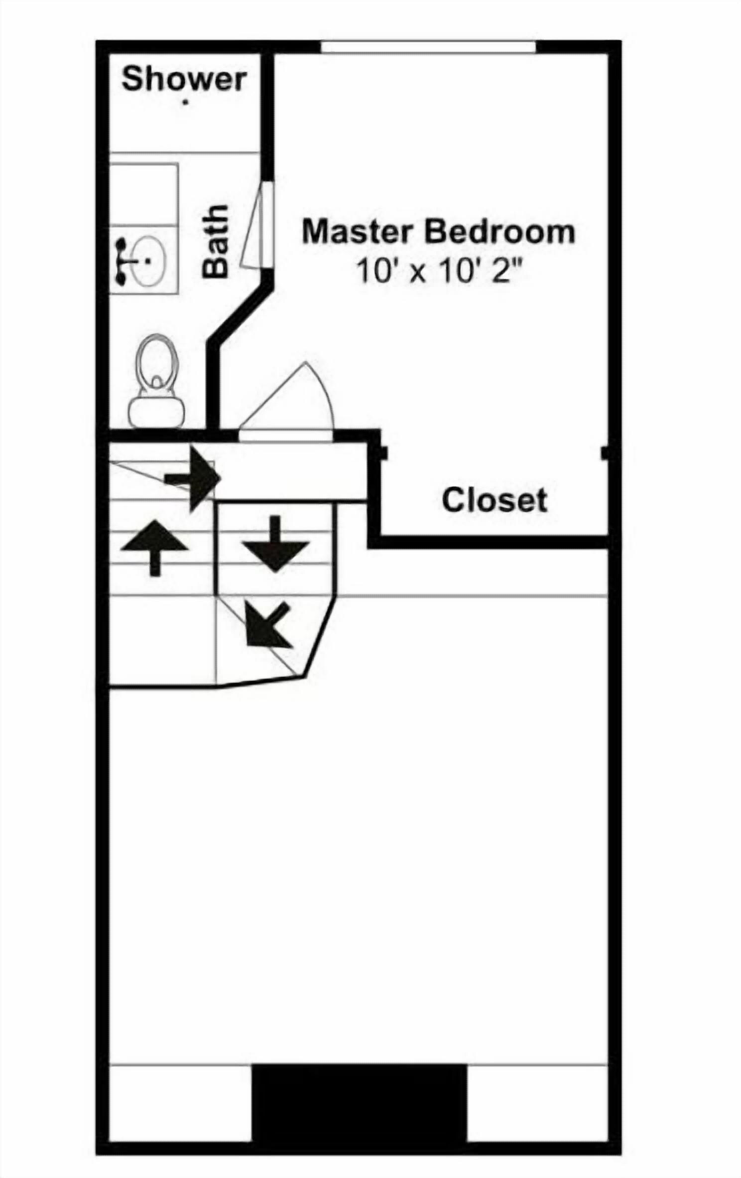 A floor plan of a hotel room with a master bedroom measuring 10' x 10'2", a shower, a bathroom, and a closet.