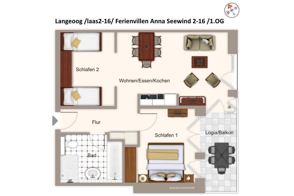 Grundriss für eine Anlage mit 2 bis 16 Zimmern, inklusive zwei Schlafzimmern, Wohnbereich, Küche und Bad sowie einer Loggia oder einem Balkon.