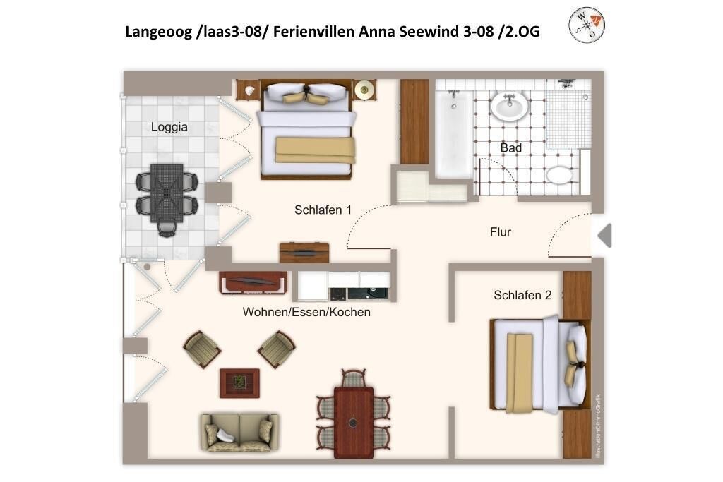 Ein Hotelgrundriss mit zwei Schlafzimmern, einem Wohnbereich, einem Essbereich, einem Badezimmer und einer Loggia.
