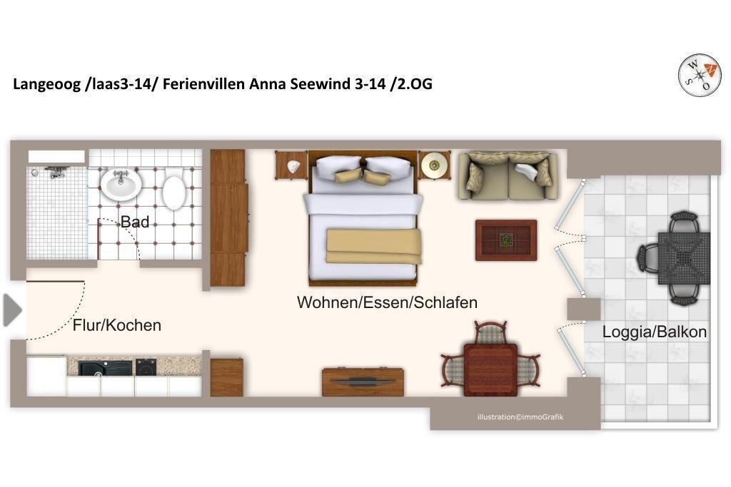 A floor plan of a 3-14 room apartment with a kitchen, living area, and balcony.