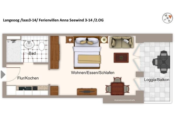 A floor plan of a 3-14 room apartment with a kitchen, living area, and balcony.