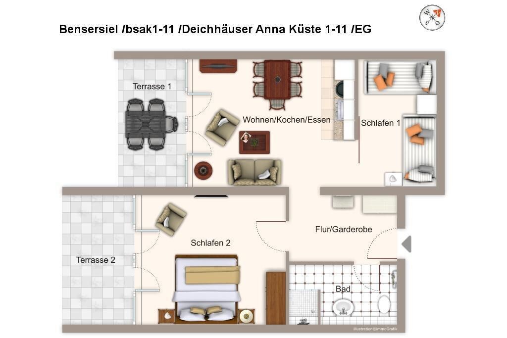 A 1-1 apartment layout with two bedrooms, a living area, a kitchen, and a bathroom.