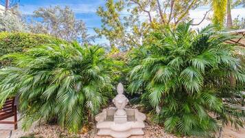 Un jardín con una fuente central rodeada de abundante vegetación y palmeras.