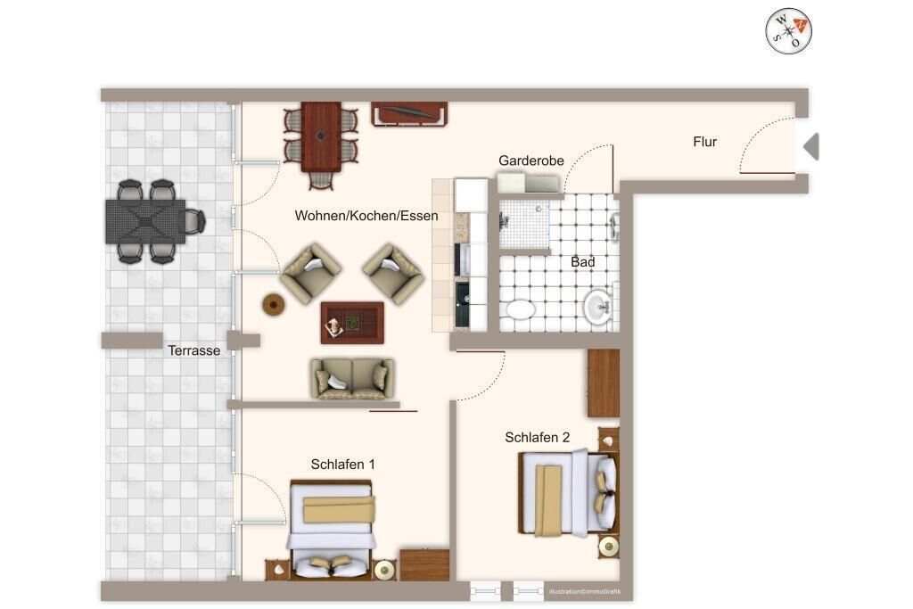Distribución de una habitación de hotel con terraza, dos dormitorios, baño, cocina y sala de estar.