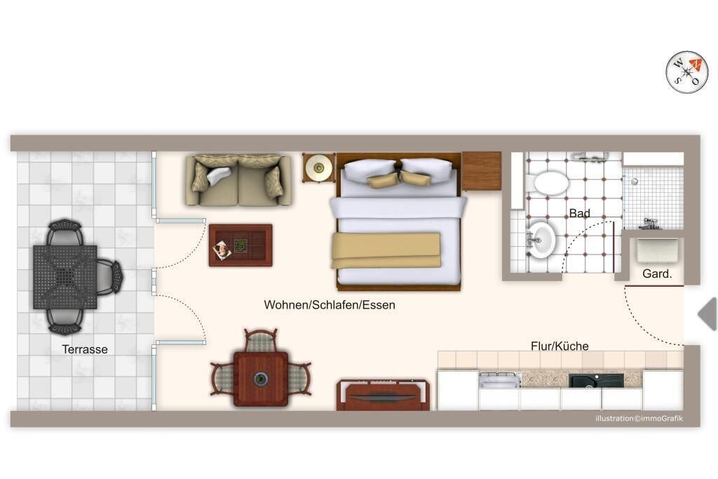 A hotel room layout with a terrace, living area, bedroom, bathroom, and kitchen.