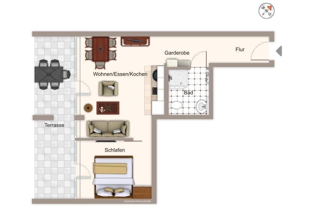 Grundriss eines Hotelzimmers mit Terrasse, einem Wohnbereich inklusive Sofa und Tisch, einem Schlafzimmer mit Bett, einem Badezimmer und einem kleinen Garten.