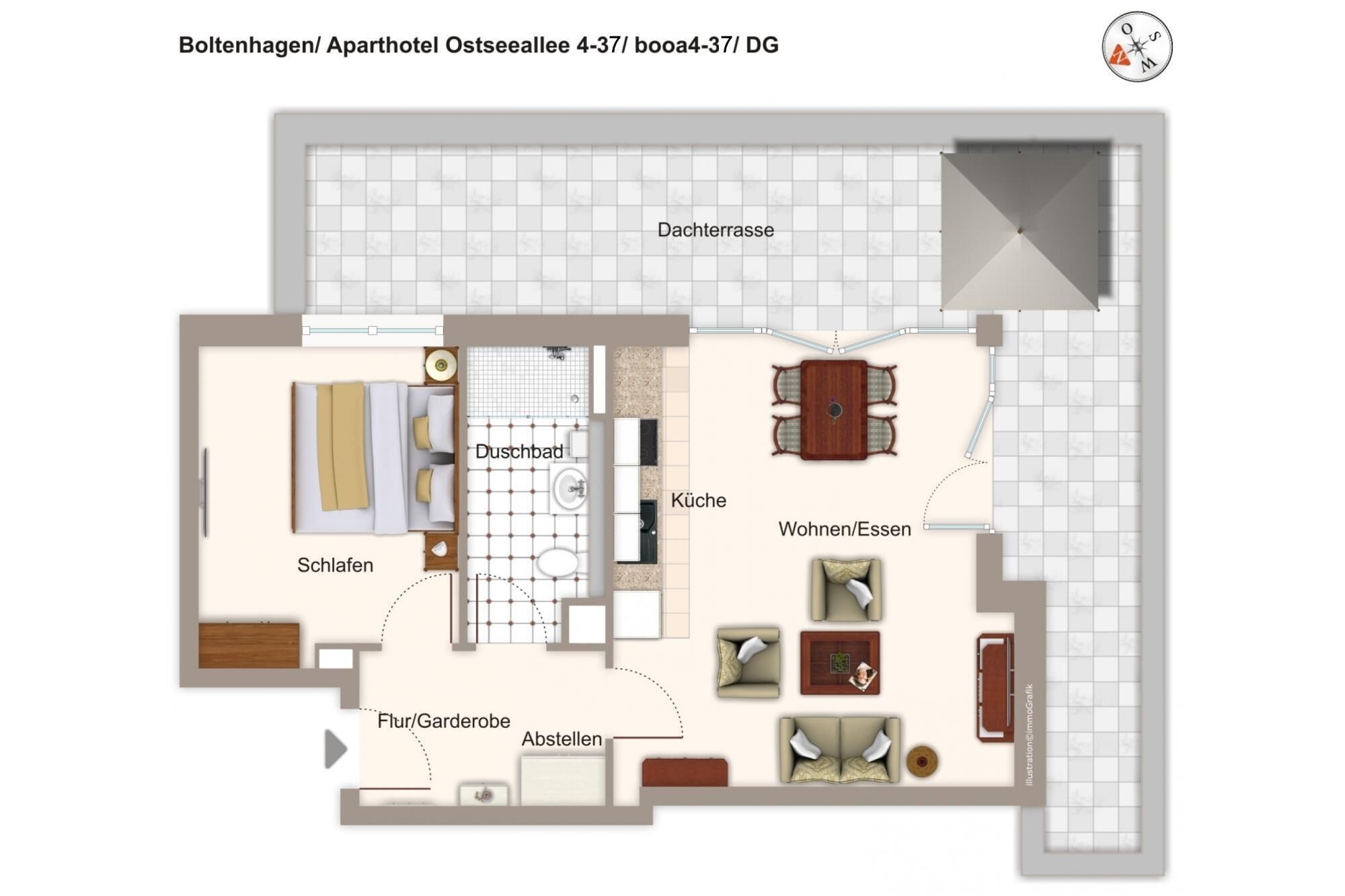 Un plan d’étage d’un appartement de 4 pièces comprenant un coin repas, une cuisine, une salle de bain et un petit jardin.