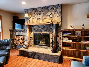 TV, fireplace, table football