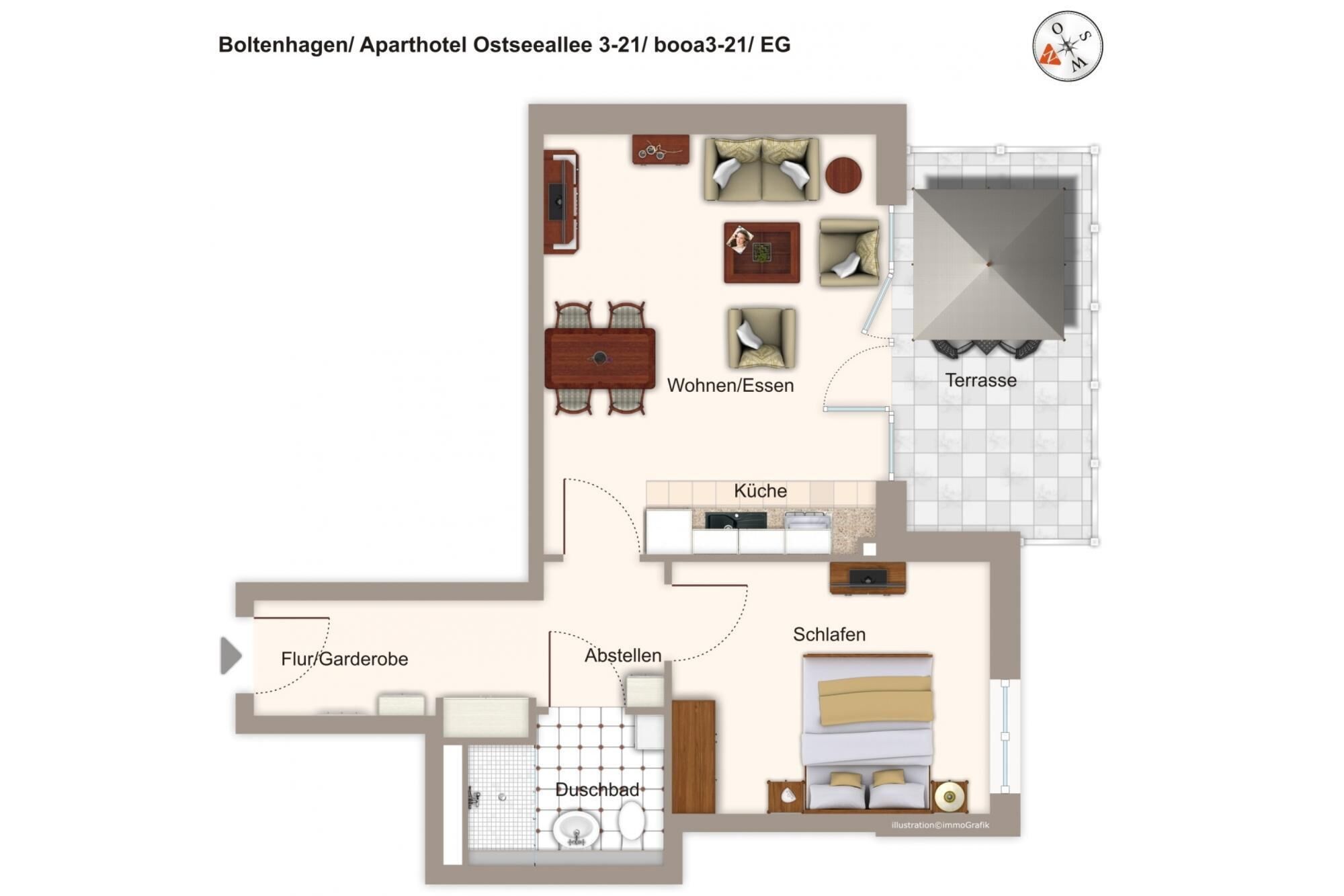 Ein Grundriss eines Hotelzimmers mit Wohnbereich, Küche, Bad und einer Terrasse.