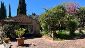 Edifício de tijolos com porta de vidro, rodeado por plantas em vasos e árvores.