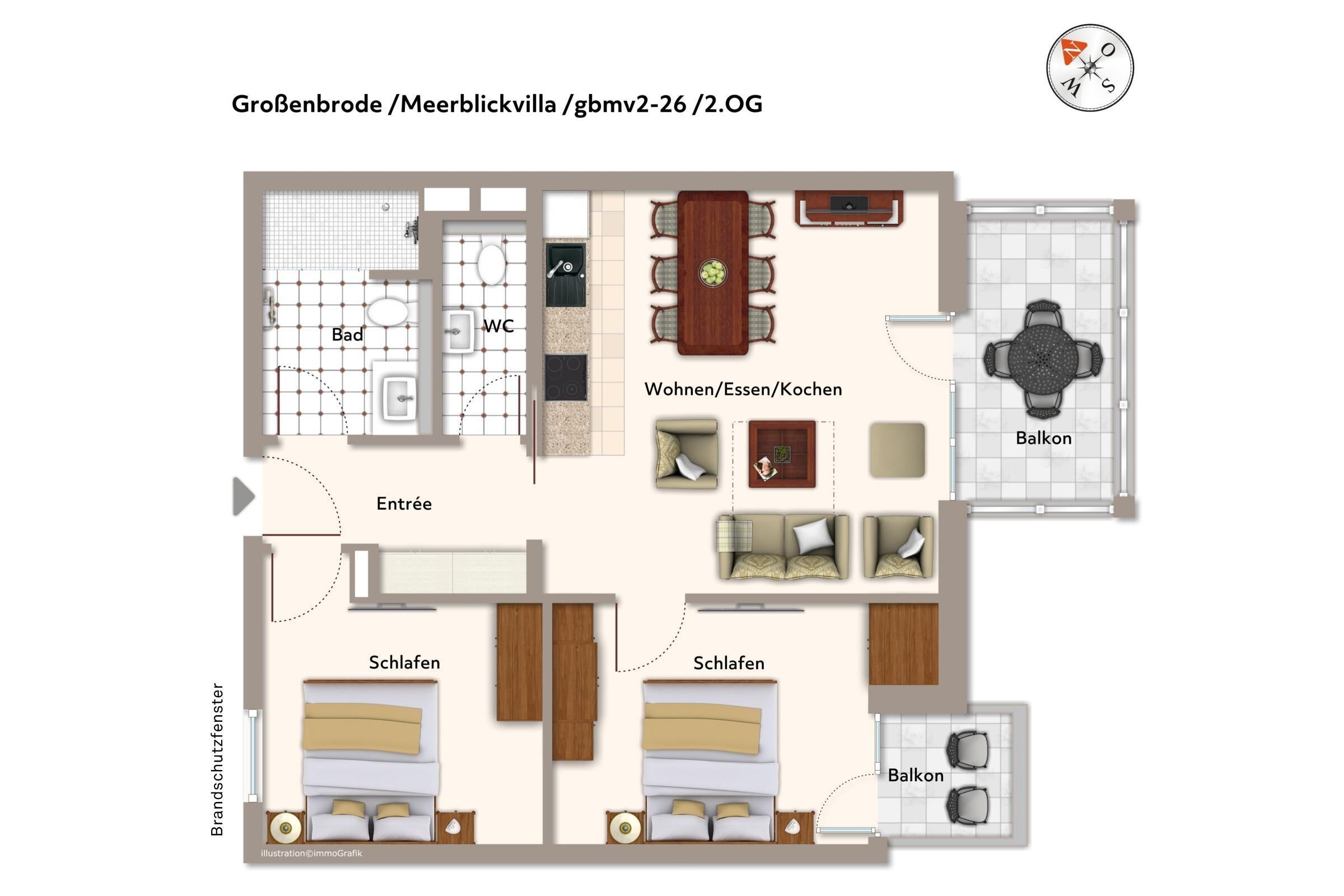 A floor plan of a 2-room apartment with a balcony, a bathroom, a living area, and a dining area.