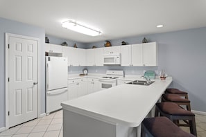 A modern kitchen with white cabinetry, a central island, a microwave, and a stove.