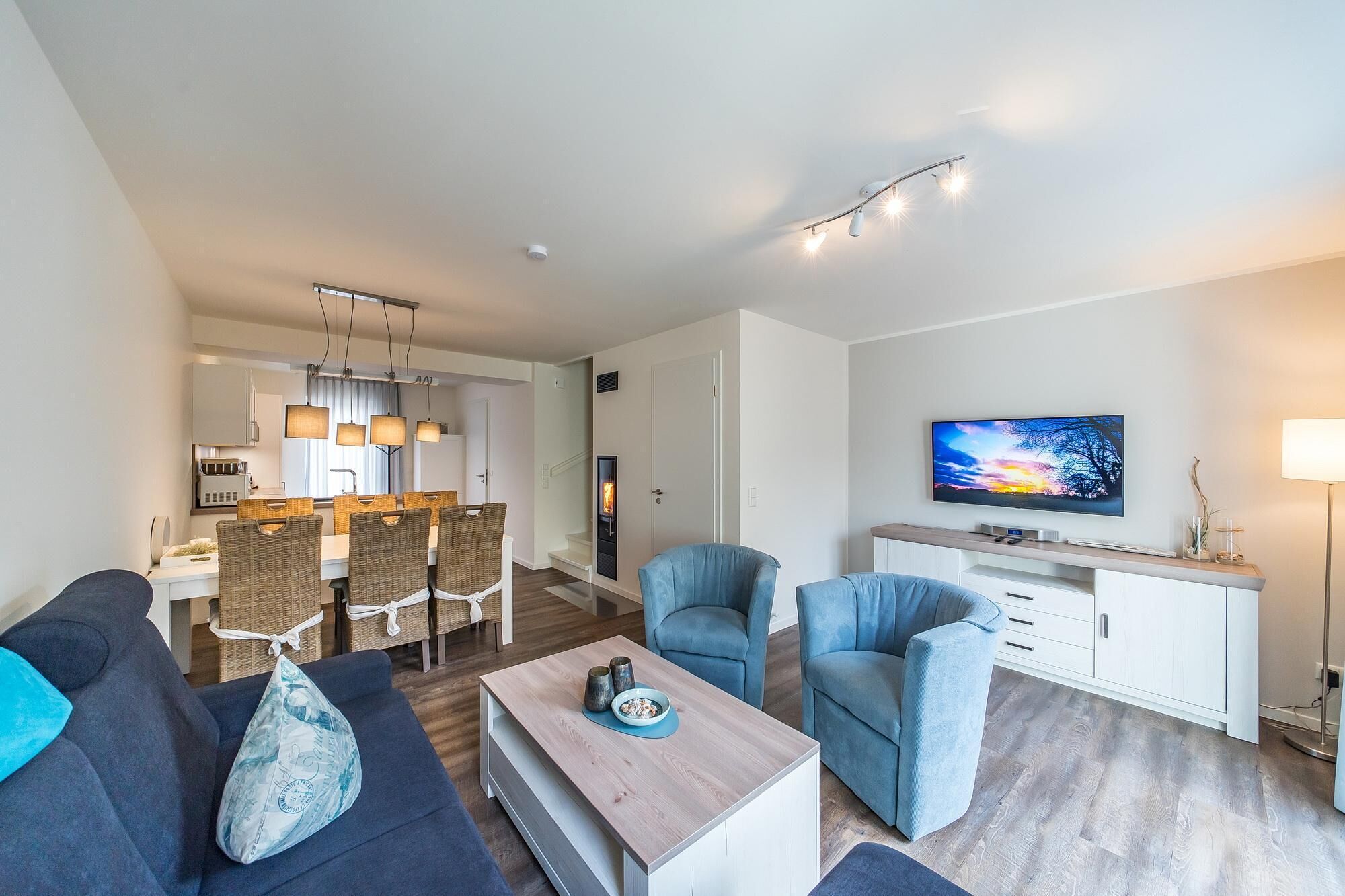 Televisión, chimenea, reproductor de DVD y libros 