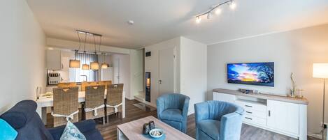 Televisión, chimenea, reproductor de DVD y libros