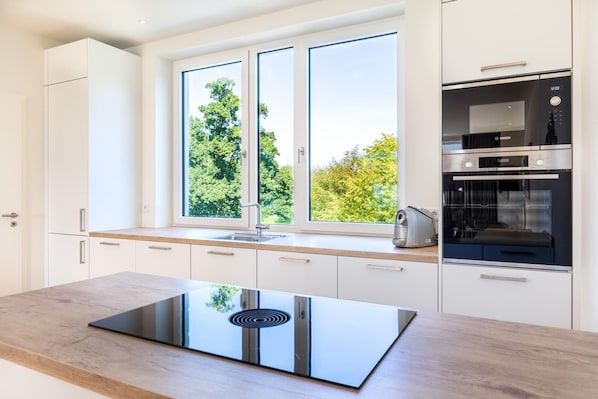 A modern kitchen with a built-in induction cooktop, a Bosch oven, and a window with a view of trees.