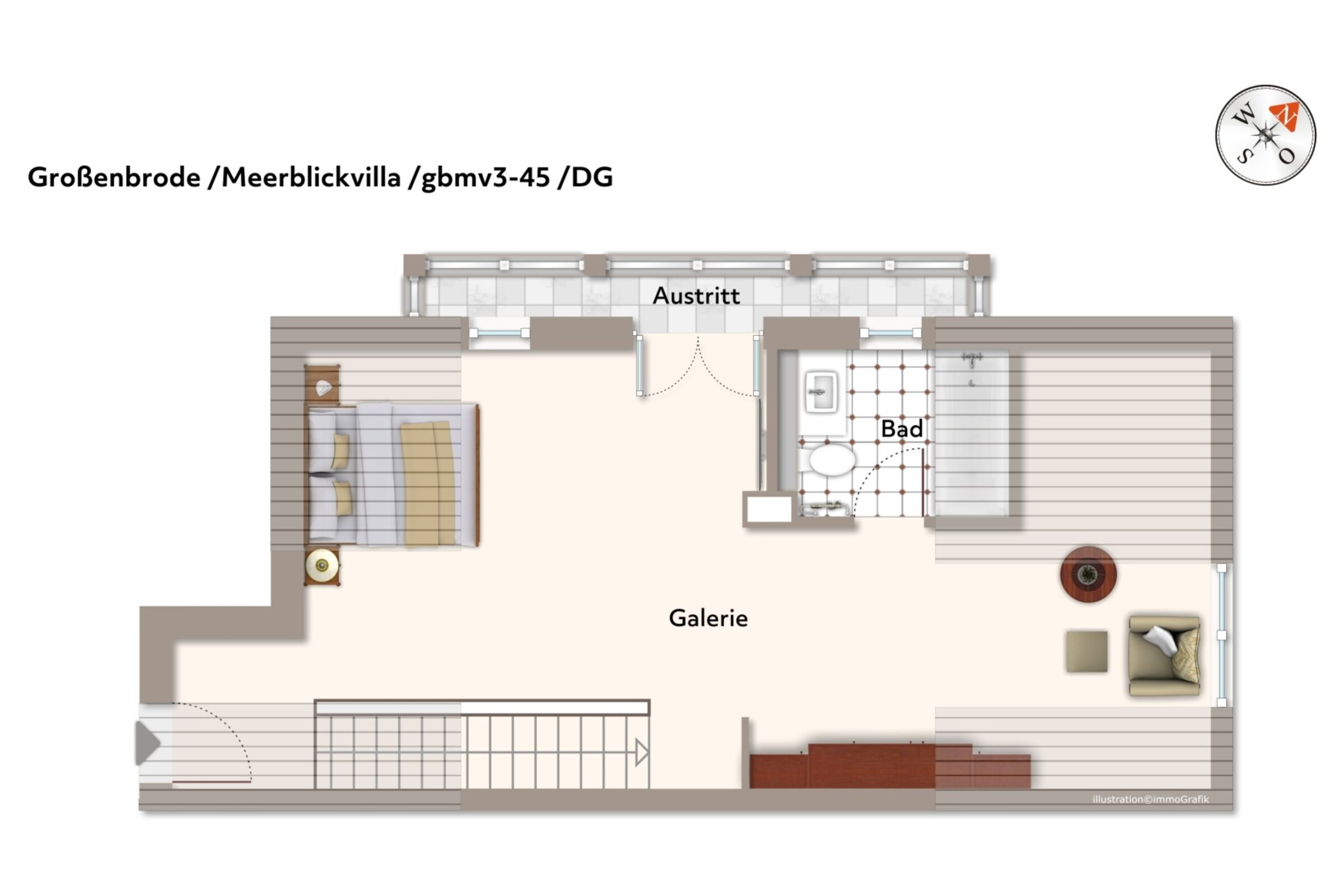 Plano de planta de un apartamento de tres habitaciones con sala de estar, cocina, baño y un balcón pequeño.