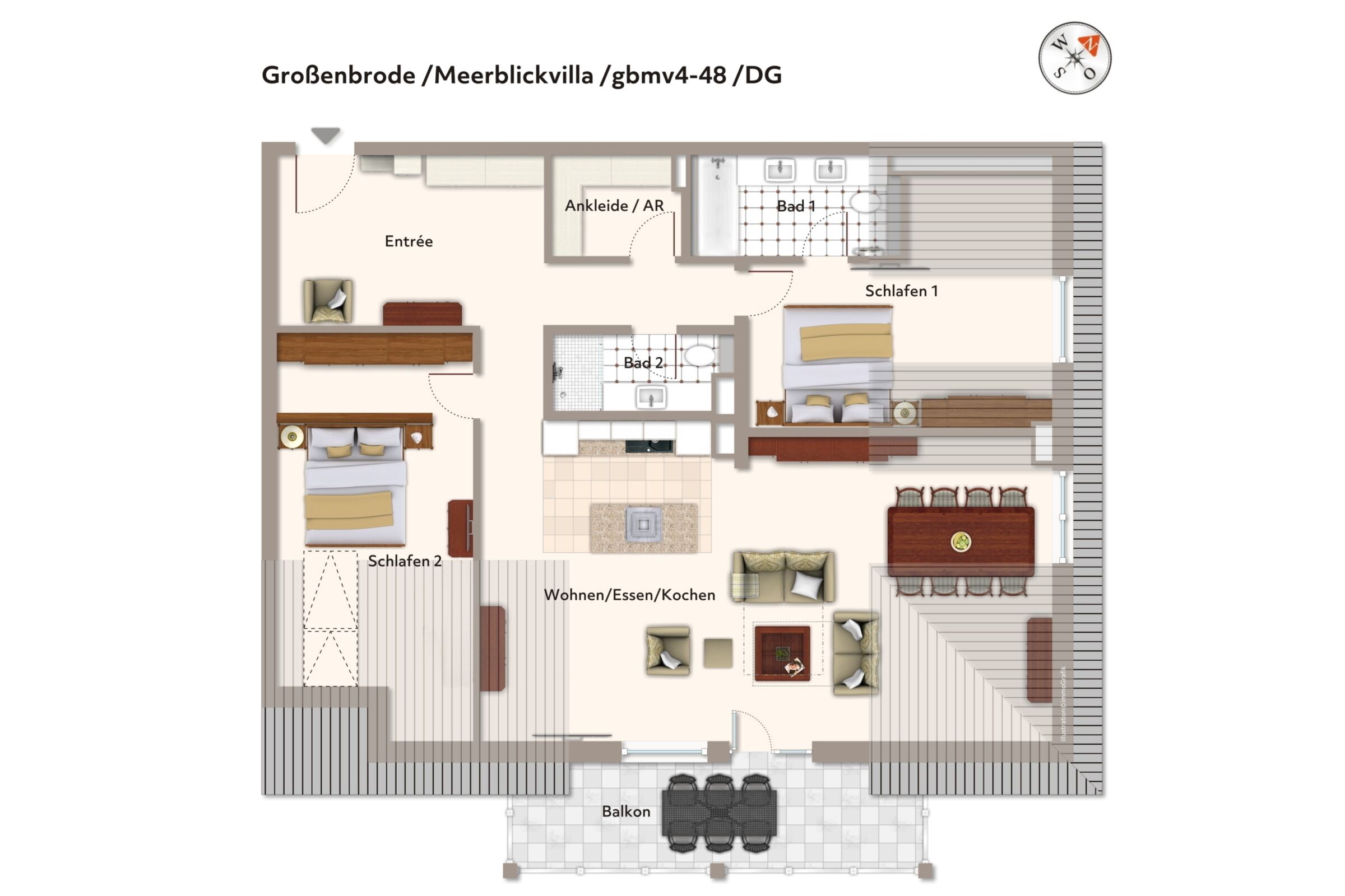 Un plan d’étage d’un hôtel comprenant deux chambres, un espace de vie, un balcon et une salle de bain.