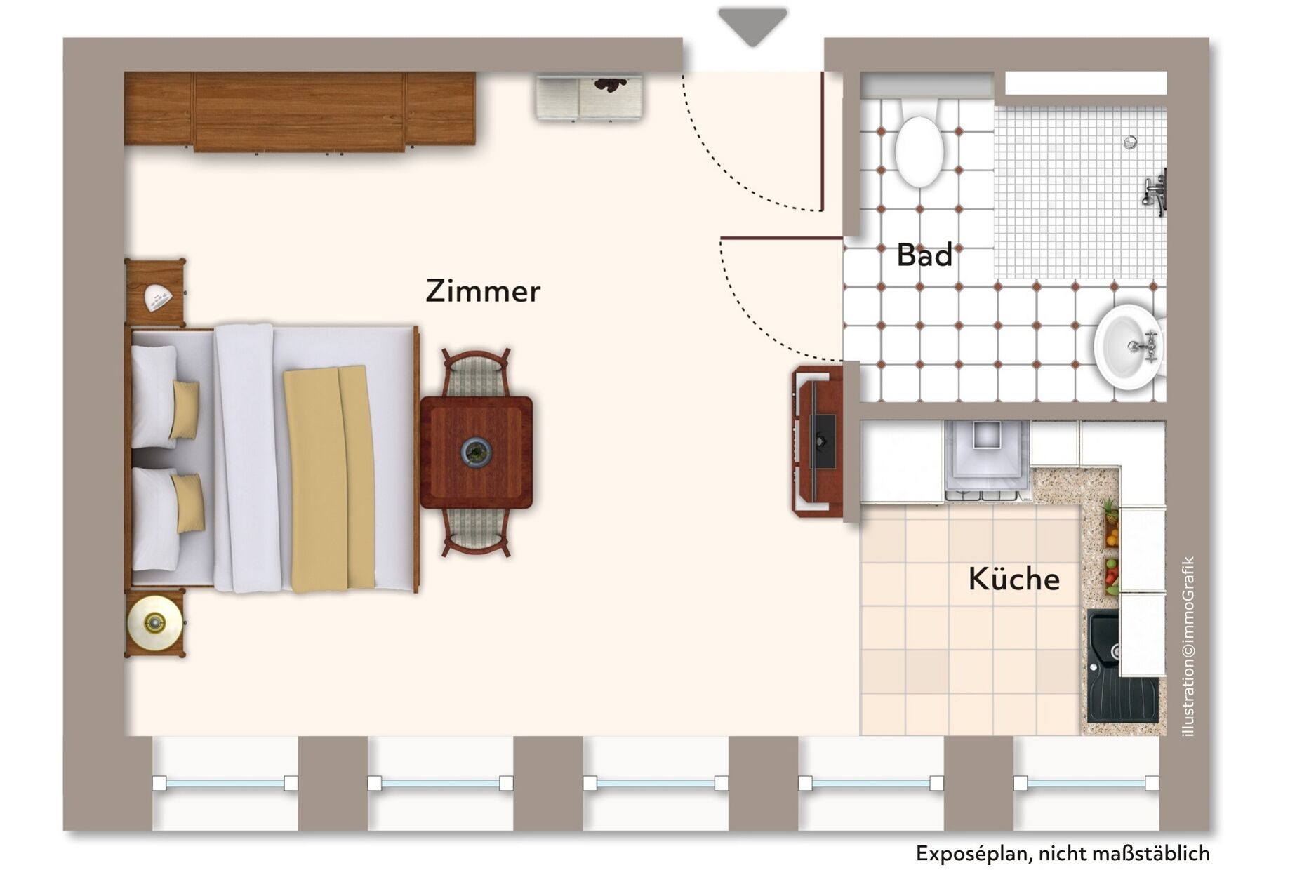 A hotel room layout with a bedroom, bathroom, and kitchen area.