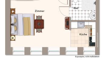 A hotel room layout with a bedroom, bathroom, and kitchen area.