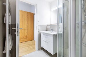 Shower, hair dryer, towels