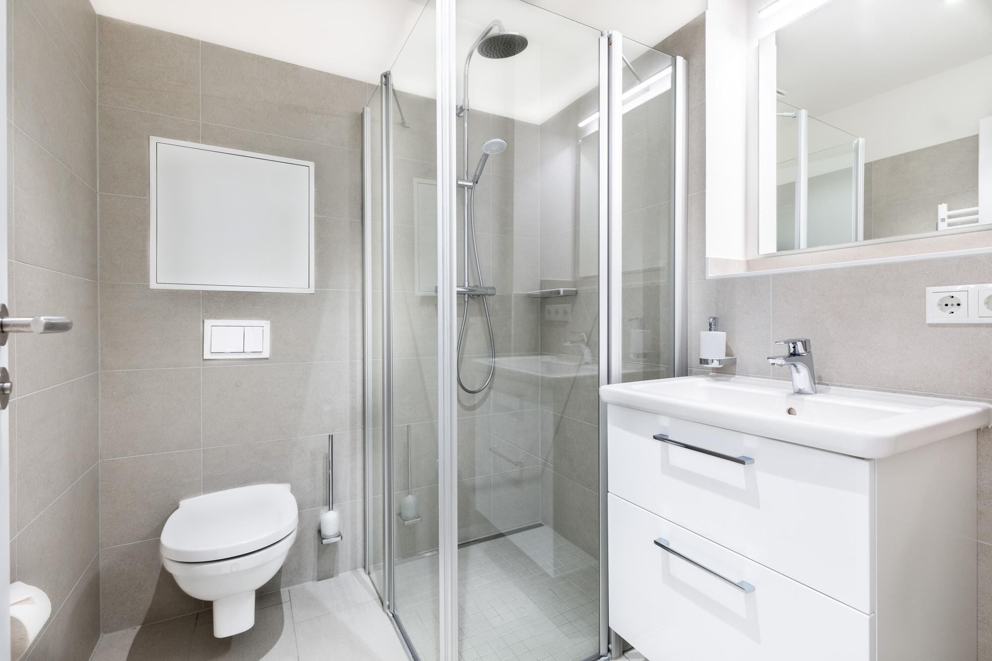 Shower, hair dryer, towels