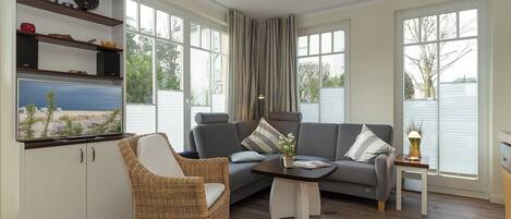 TV, DVD player, books, stereo