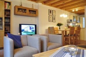 TV, fireplace, DVD player, books - Great vacation home on the dyke with terrace, balcony with sea view, sauna & wood-burning stove (Nordseeheilbad Schillig)