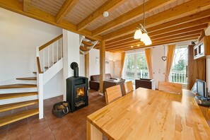 TV, caminetto, lettore DVD, libri