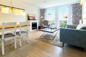 Télévision, cheminée, lecteur de DVD, livres