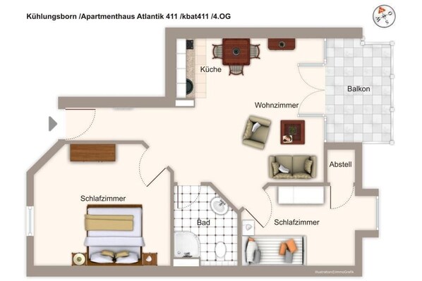 Plano de planta de un apartamento de 4 habitaciones, que incluye cocina, sala de estar, balcón, baño y dos dormitorios.