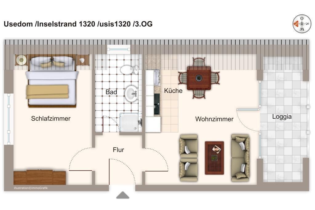 A floor plan of a hotel room with a bedroom, bathroom, kitchen, living room, and loggia.